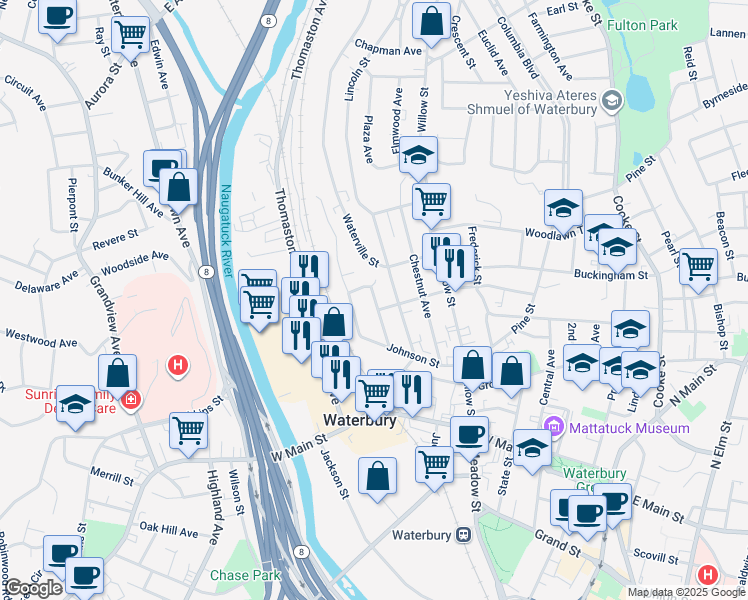 map of restaurants, bars, coffee shops, grocery stores, and more near 46 Manhan Street in Waterbury