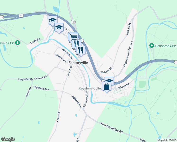 map of restaurants, bars, coffee shops, grocery stores, and more near 214 Riverside Drive in Factoryville