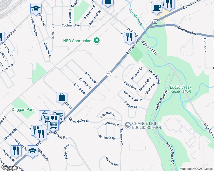 map of restaurants, bars, coffee shops, grocery stores, and more near 19730 Euclid Avenue in Euclid