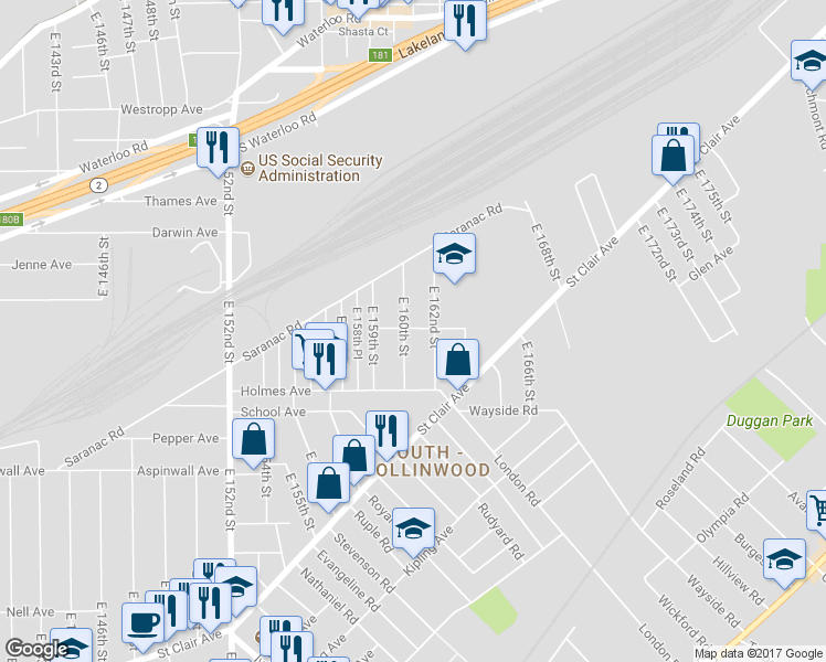 map of restaurants, bars, coffee shops, grocery stores, and more near 689 East 160th Street in Cleveland