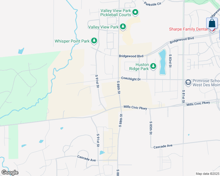 map of restaurants, bars, coffee shops, grocery stores, and more near 8950 Coachlight Drive in West Des Moines