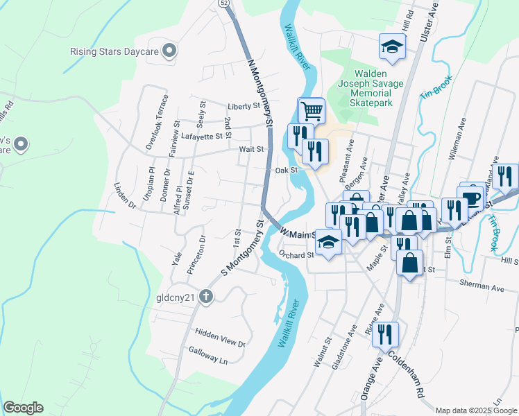 map of restaurants, bars, coffee shops, grocery stores, and more near 42 South Montgomery Street in Walden