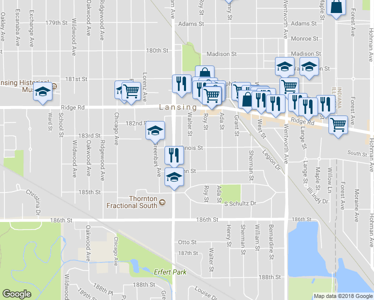map of restaurants, bars, coffee shops, grocery stores, and more near 18302 Walter Street in Lansing