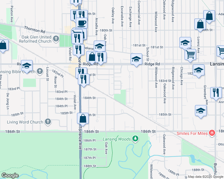 map of restaurants, bars, coffee shops, grocery stores, and more near 18354 Oakley Avenue in Lansing