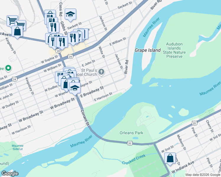 map of restaurants, bars, coffee shops, grocery stores, and more near 322 East Broadway Street in Maumee