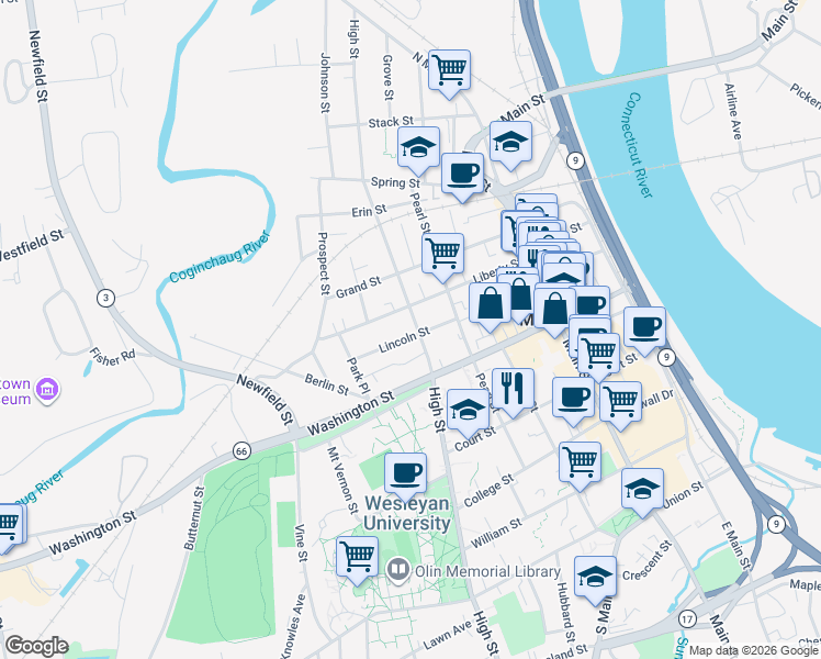 map of restaurants, bars, coffee shops, grocery stores, and more near 413 High Street in Middletown