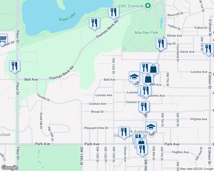 map of restaurants, bars, coffee shops, grocery stores, and more near 1217 Edgemont Street in Des Moines
