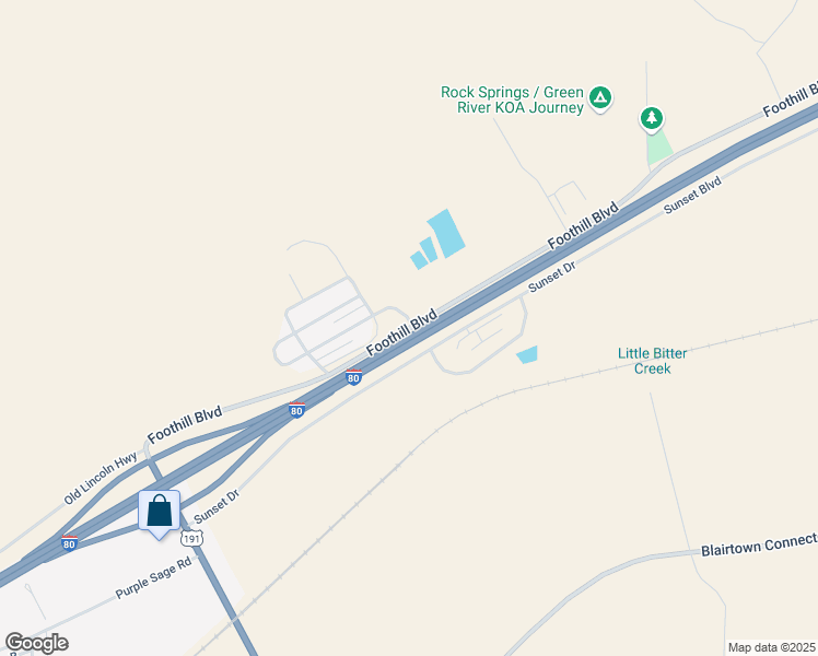 map of restaurants, bars, coffee shops, grocery stores, and more near 181 Foothill Boulevard in Rock Springs