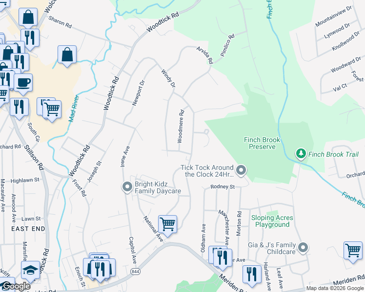 map of restaurants, bars, coffee shops, grocery stores, and more near 12 Woodmere Road in Waterbury