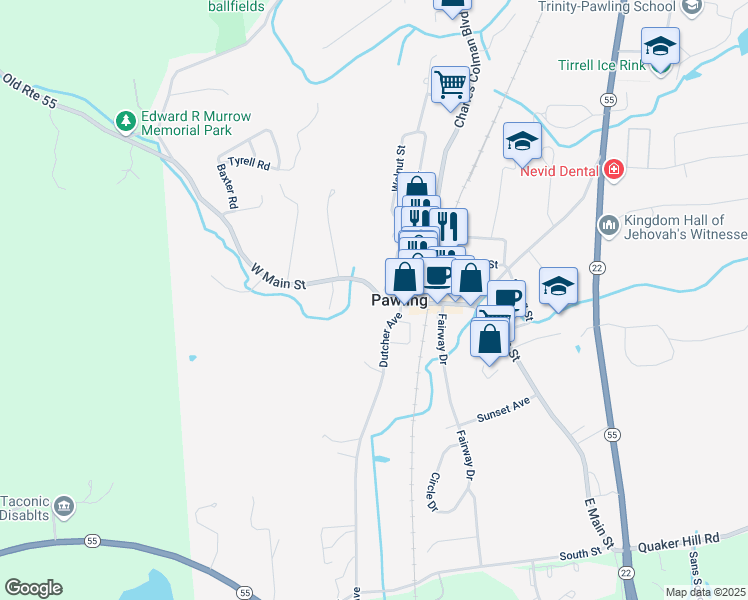 map of restaurants, bars, coffee shops, grocery stores, and more near 31 West Main Street in Pawling