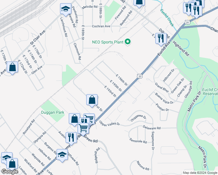 map of restaurants, bars, coffee shops, grocery stores, and more near 1541 East 193rd Street in Euclid