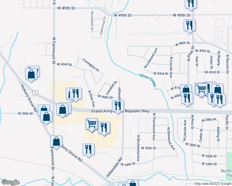 map of restaurants, bars, coffee shops, grocery stores, and more near 4016 Hillandale Road in Davenport