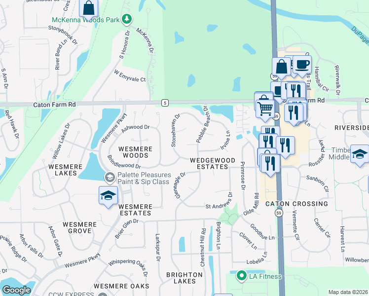 map of restaurants, bars, coffee shops, grocery stores, and more near 2214 Stonehaven Drive in Plainfield