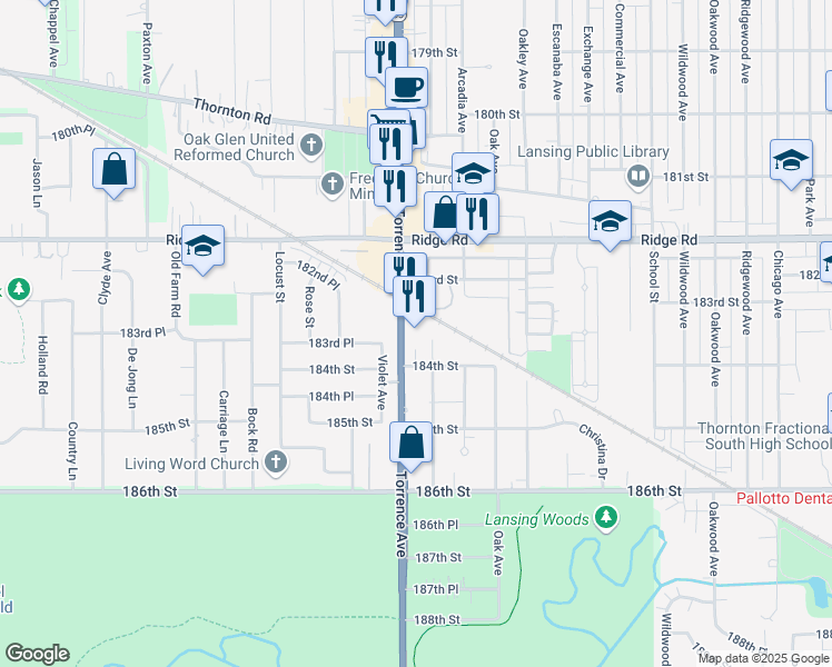 map of restaurants, bars, coffee shops, grocery stores, and more near 18349 Torrence Avenue in Lansing
