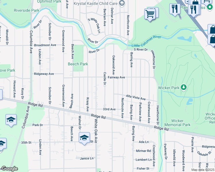 map of restaurants, bars, coffee shops, grocery stores, and more near 8331 Castle Dr in Munster