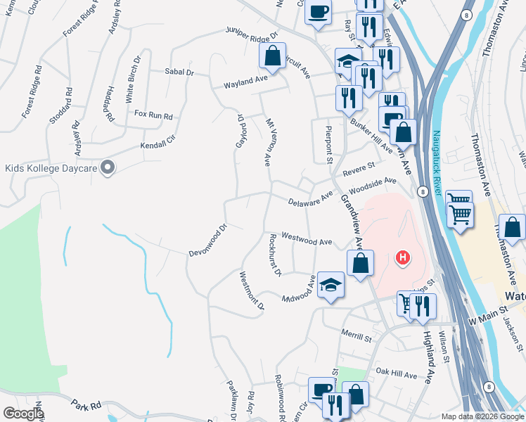 map of restaurants, bars, coffee shops, grocery stores, and more near 37 Howland Street in Waterbury