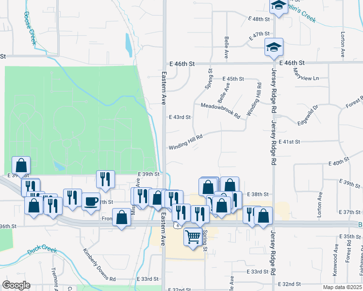 map of restaurants, bars, coffee shops, grocery stores, and more near 1805 Winding Hill Road in Davenport