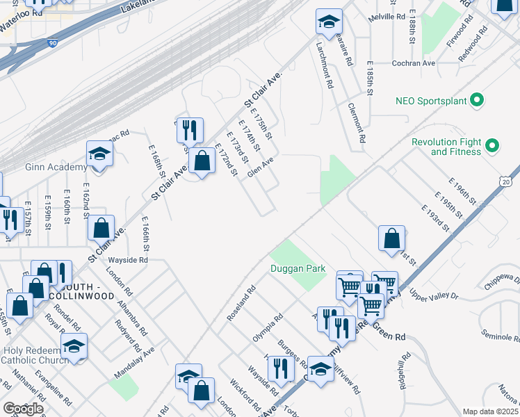 map of restaurants, bars, coffee shops, grocery stores, and more near 1555 East 172nd Street in Cleveland