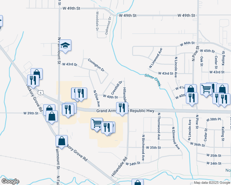 map of restaurants, bars, coffee shops, grocery stores, and more near 4016 Hillandale Road in Davenport
