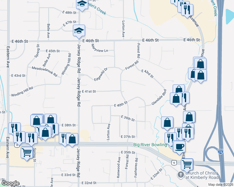 map of restaurants, bars, coffee shops, grocery stores, and more near 2635 East 41st Street in Davenport
