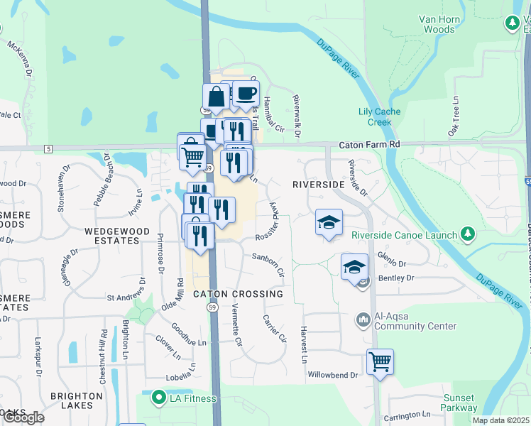 map of restaurants, bars, coffee shops, grocery stores, and more near 2218 Aldrich Drive in Plainfield