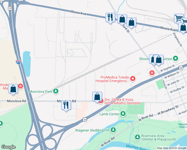map of restaurants, bars, coffee shops, grocery stores, and more near 4318 Beck Drive in Maumee