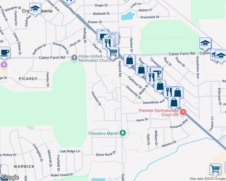 map of restaurants, bars, coffee shops, grocery stores, and more near 2302 Carnation Drive in Crest Hill