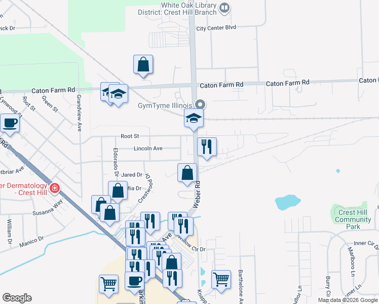 map of restaurants, bars, coffee shops, grocery stores, and more near 2213 Weber Road in Crest Hill