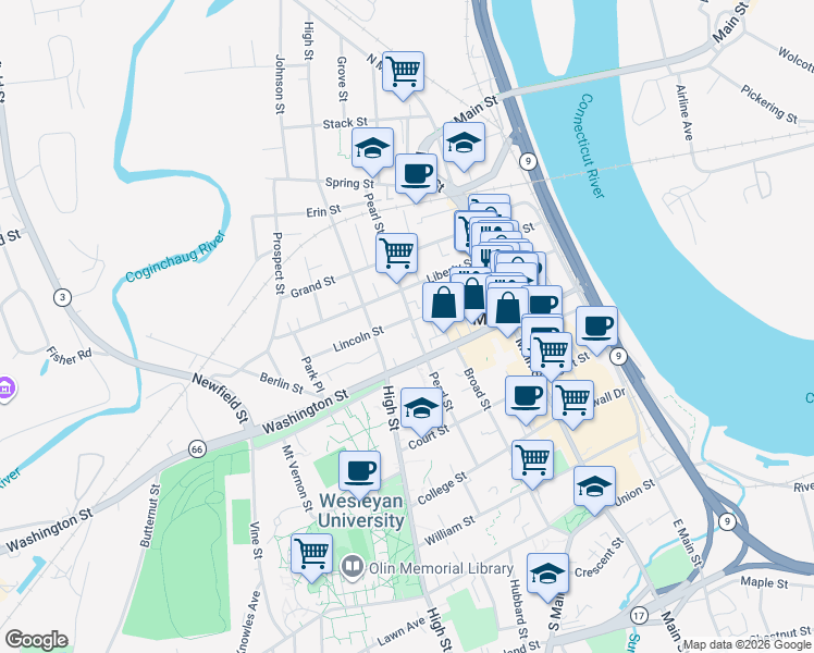 map of restaurants, bars, coffee shops, grocery stores, and more near 135 Pearl Street in Middletown