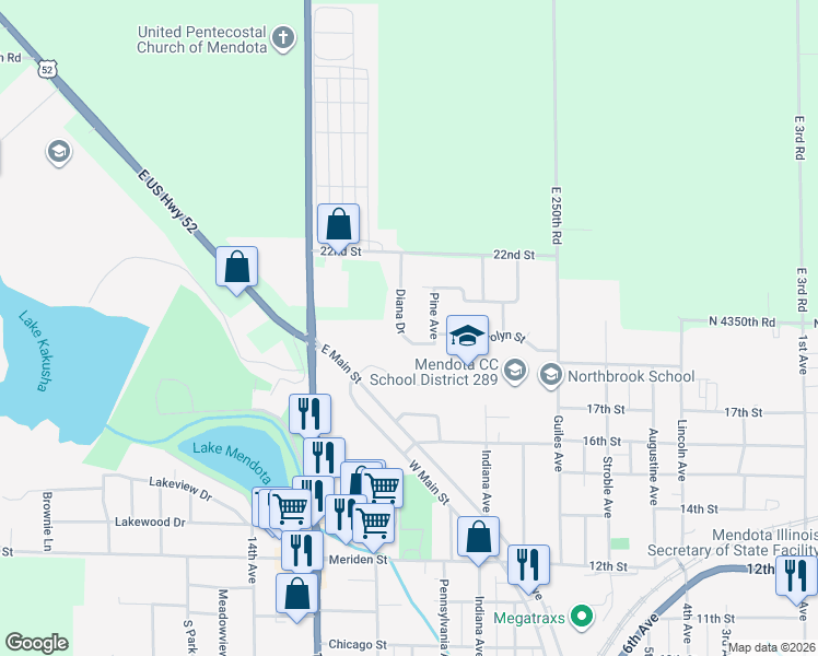 map of restaurants, bars, coffee shops, grocery stores, and more near 2003 Diana Drive in Mendota