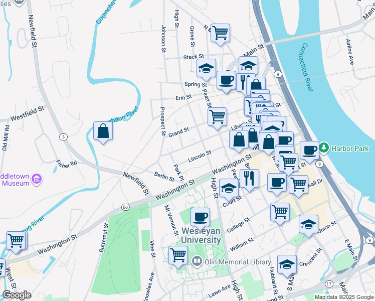 map of restaurants, bars, coffee shops, grocery stores, and more near 167 Liberty Street in Middletown