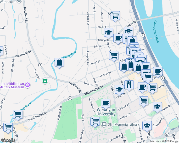 map of restaurants, bars, coffee shops, grocery stores, and more near 196 Liberty Street in Middletown