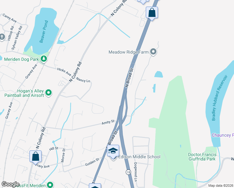 map of restaurants, bars, coffee shops, grocery stores, and more near 1652 North Broad Street in Meriden