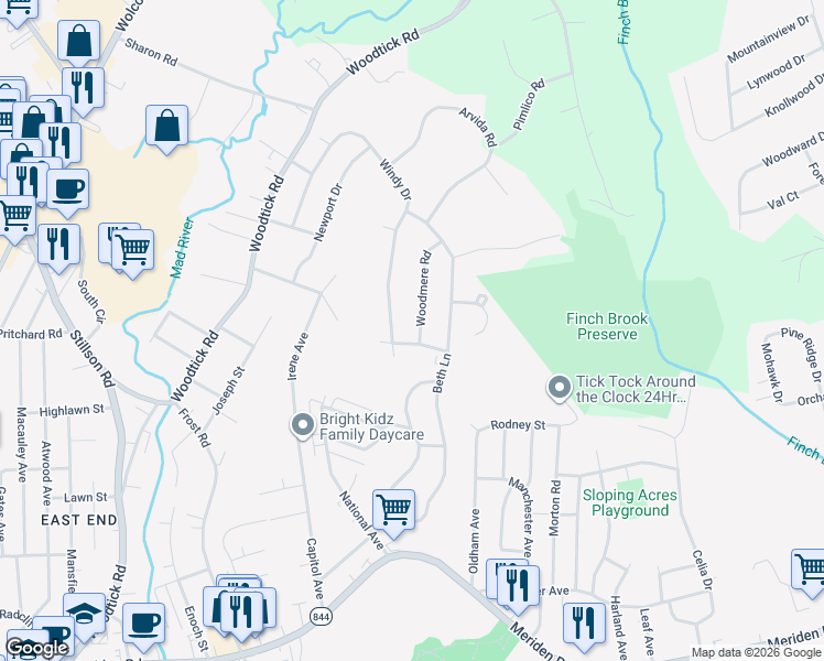 map of restaurants, bars, coffee shops, grocery stores, and more near 12 Woodmere Road in Waterbury