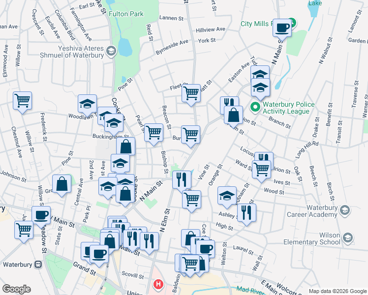 map of restaurants, bars, coffee shops, grocery stores, and more near 48 Elizabeth Street in Waterbury