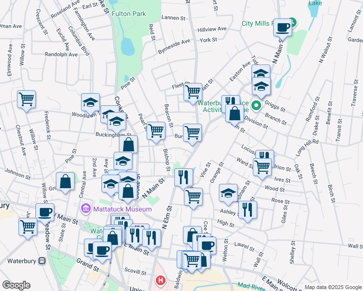 map of restaurants, bars, coffee shops, grocery stores, and more near 48 Elizabeth Street in Waterbury