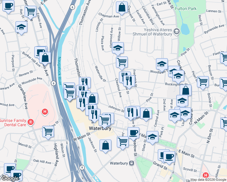 map of restaurants, bars, coffee shops, grocery stores, and more near 69 Waterville Street in Waterbury