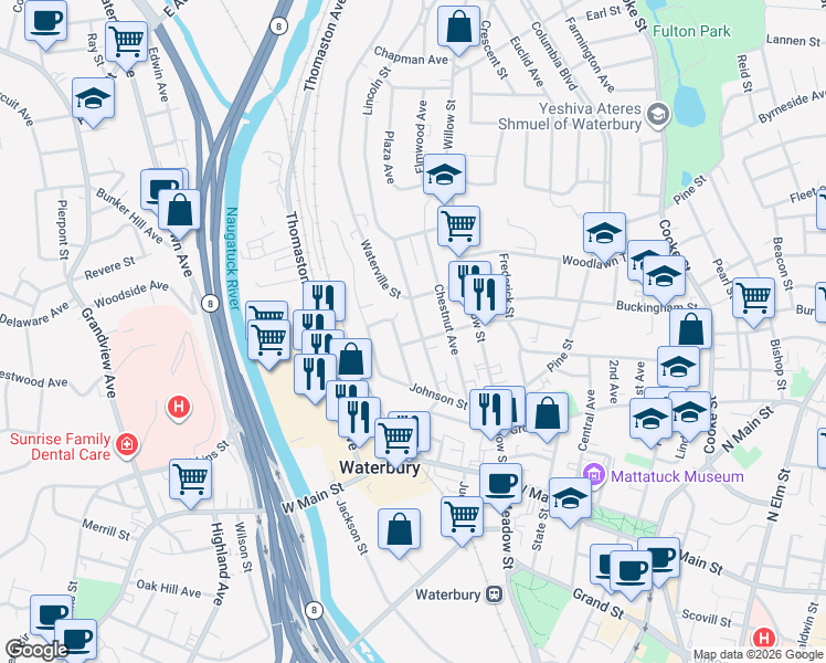 map of restaurants, bars, coffee shops, grocery stores, and more near 69 Waterville Street in Waterbury
