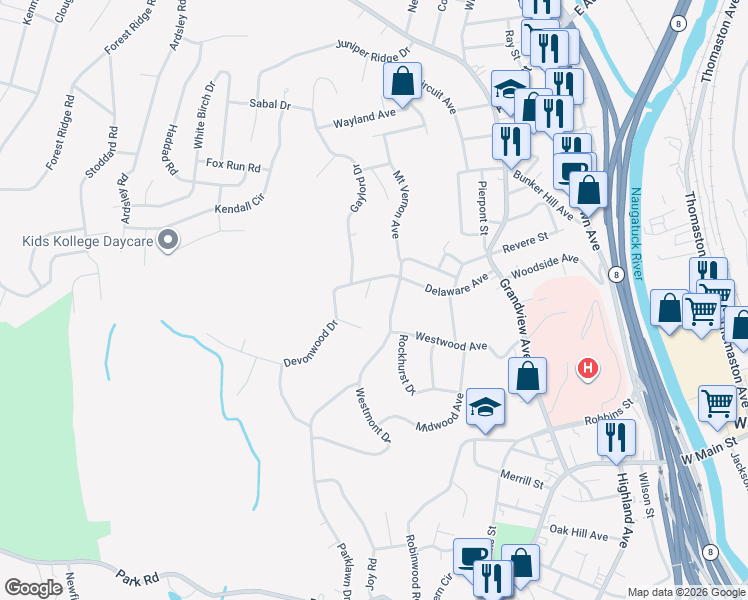 map of restaurants, bars, coffee shops, grocery stores, and more near 37 Howland Street in Waterbury