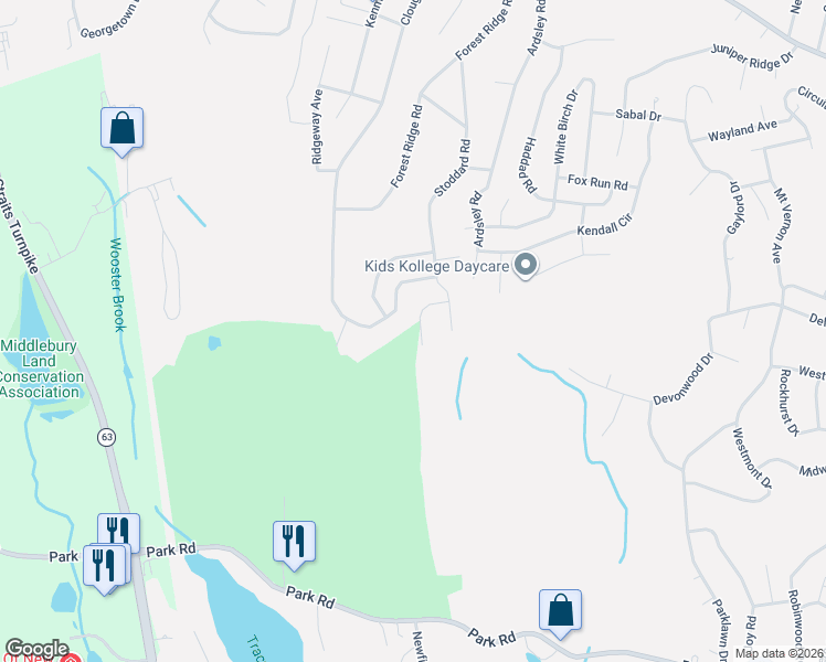 map of restaurants, bars, coffee shops, grocery stores, and more near 50 Oakcrest Circle in Waterbury