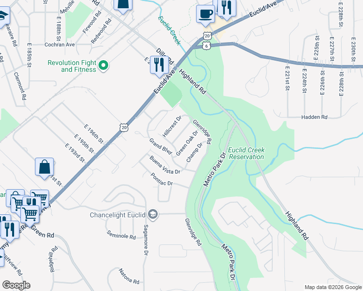 map of restaurants, bars, coffee shops, grocery stores, and more near 20001 Green Oak Drive in Euclid