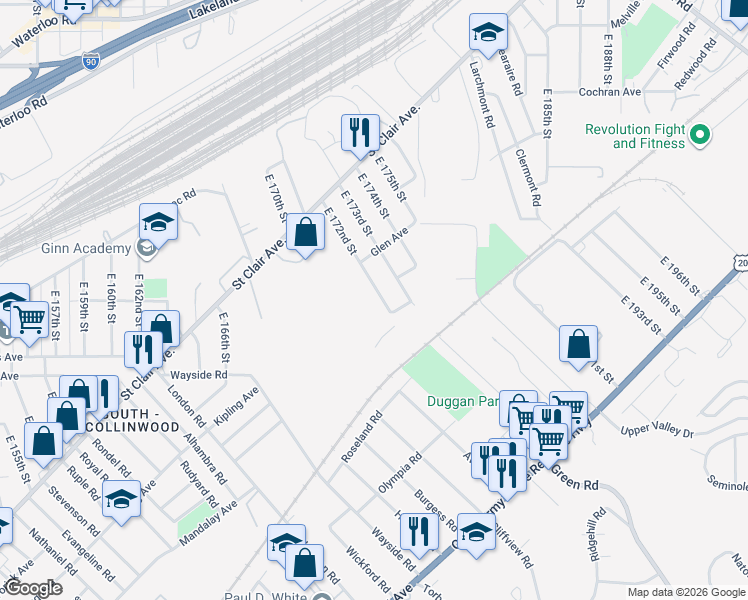 map of restaurants, bars, coffee shops, grocery stores, and more near 1538 East 172nd Street in Cleveland