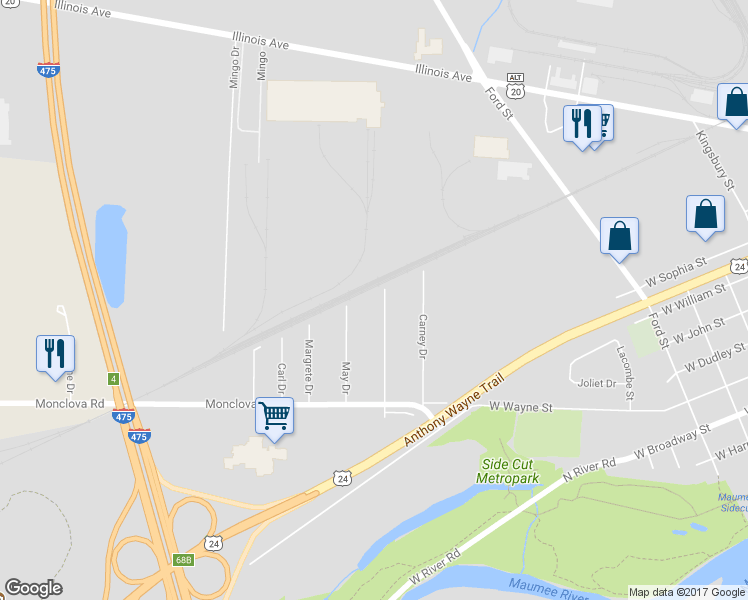 map of restaurants, bars, coffee shops, grocery stores, and more near 4318 Beck Drive in Maumee