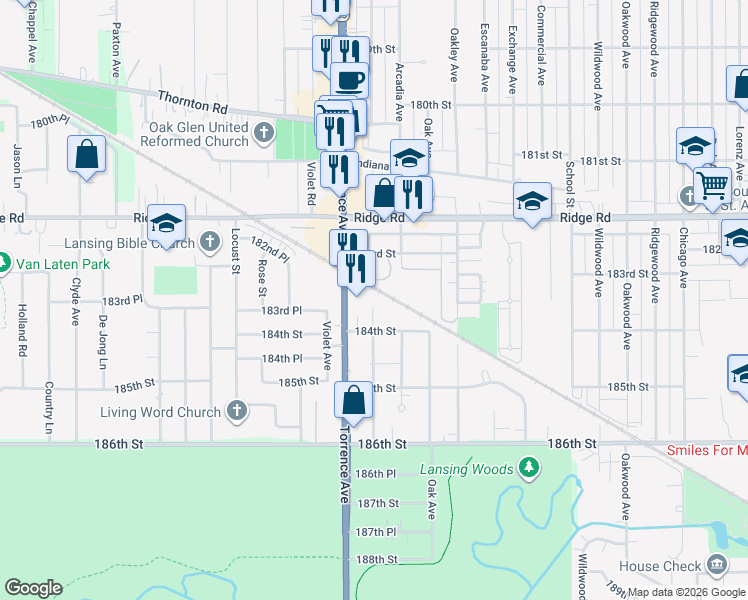 map of restaurants, bars, coffee shops, grocery stores, and more near 18349 Torrence Avenue in Lansing