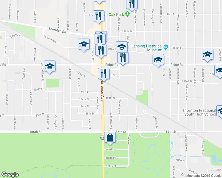 map of restaurants, bars, coffee shops, grocery stores, and more near 18349 Torrence Avenue in Lansing