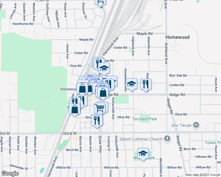 map of restaurants, bars, coffee shops, grocery stores, and more near 1940 Ridge Road in Homewood
