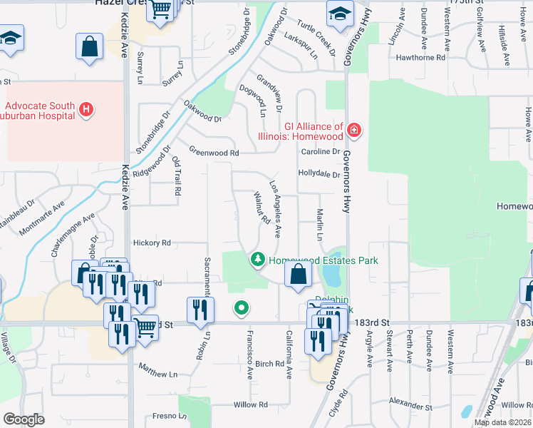map of restaurants, bars, coffee shops, grocery stores, and more near 18045 Los Angeles Avenue in Homewood