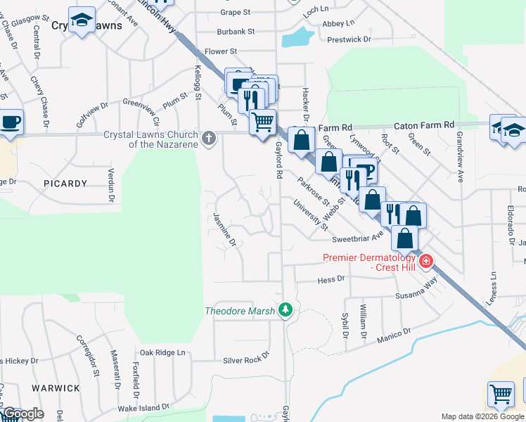 map of restaurants, bars, coffee shops, grocery stores, and more near 2302 Carnation Drive in Crest Hill