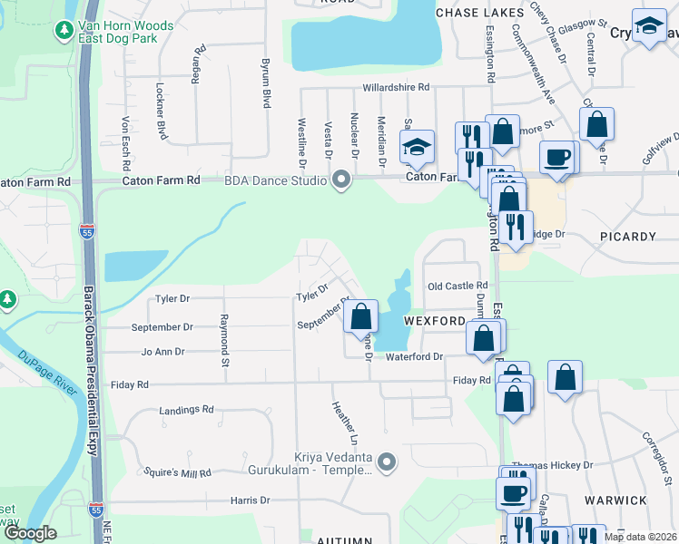 map of restaurants, bars, coffee shops, grocery stores, and more near 2206 Graystone Drive in Joliet