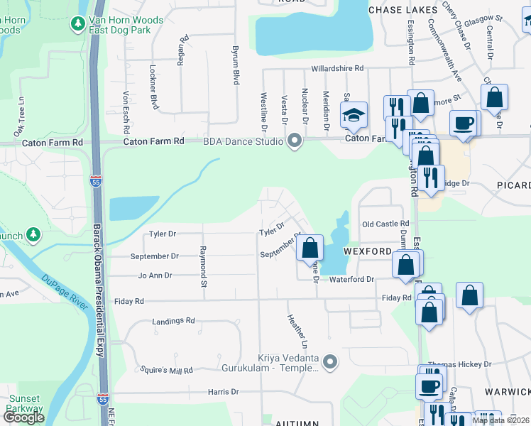 map of restaurants, bars, coffee shops, grocery stores, and more near 2209 Graystone Drive in Joliet